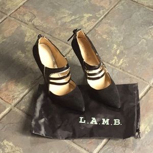 LAMB suede and patent black pointed toe bootie